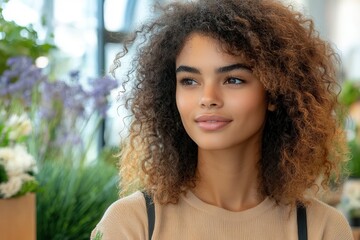 Obraz premium A young woman with beautiful curls gazes thoughtfully while surrounded by vibrant flowers in a well lit floral shop. The sunlight filters through the windows, enhancing the cheerful atmosphere of the 
