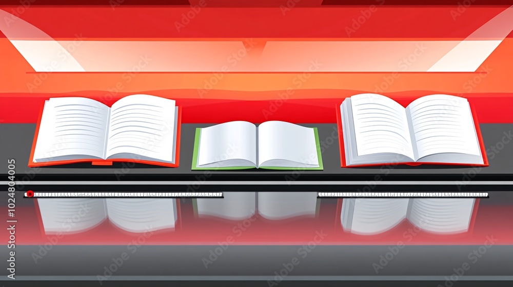 Poster three open books on a shelf with a red background.