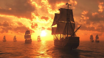 Fototapeta premium Sea Battle. Sailing Pirate Ship in Old Sunset Ocean Battle Scene