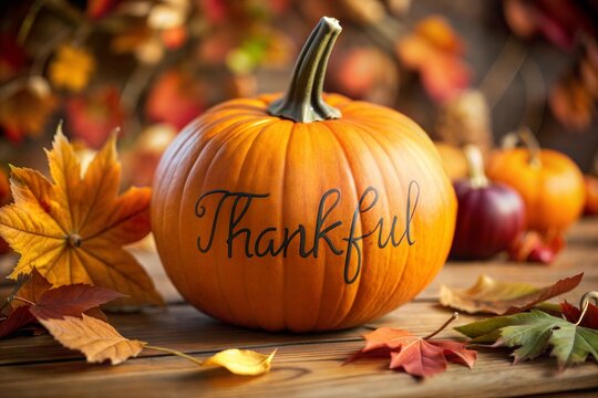 Pumpkin with thankful inscription surrounded by autumn leaves thanksgiving decor