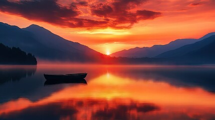 Fototapeta premium A stunning sunset over a mountain lake, with a silhouette of a small boat gently bobbing in the water, reflecting the warm colors of the sky and creating a romantic and tranquil scene.