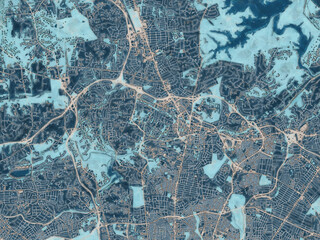 Painterly Style City Map of Towson  Maryland, USA in a Blue Color Scheme.