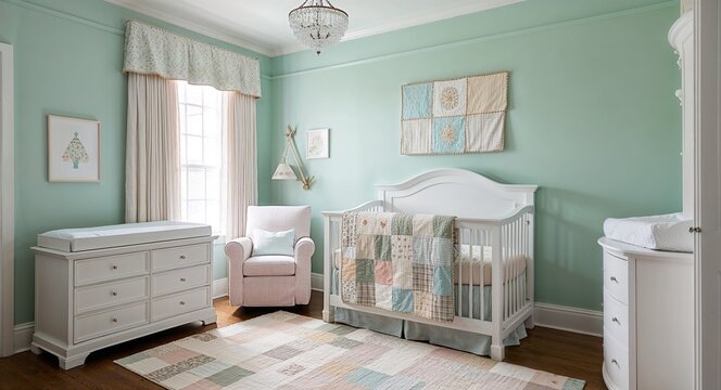 Classic nursery with white furniture gentle pastel colors and a crib with a patchwork quilt