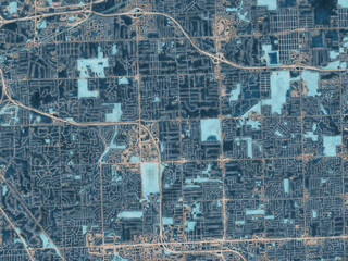 Painterly Style City Map of Troy  Michigan, USA in a Blue Color Scheme.