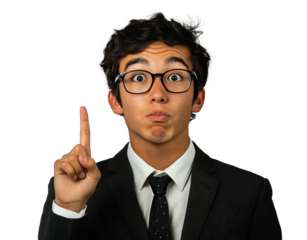 Young man in a black suit gestures confidently while pointing upwards in a neutral setting