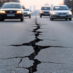 Obraz premium Major Road Damage from Earthquake with Cars