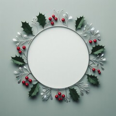 An elegant holiday frame displaying holly leaves and red berries against a grey background, perfect for Christmas cards, invitations, or festive messages.