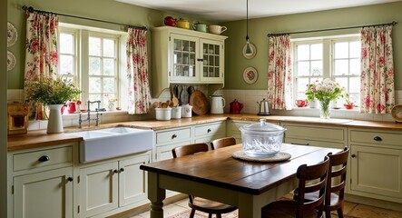 Cozy cottage kitchen with floral curtains a wooden table and vintage kitchenware on display