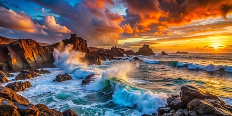 Naklejka premium The ocean's fiery embrace, where crashing waves meet golden sunset skies, creating a symphony of nature's beauty.
