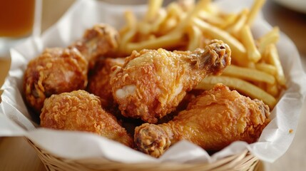 A tempting arrangement of deep-fried chicken drumsticks served in a basket lined with parchment paper, accompanied by a side of fries and a refreshing drink, ideal for a casual meal setting.