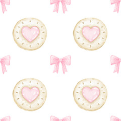 Round cookies and dotted bows. Watercolor seamless pattern on white background in pastel colors for textile and wrapping paper. Cute illustration for Valentine's Day