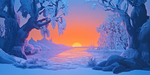 Frosty dawn by the riverside, Cold morning light by the river