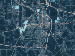 Painterly Style City Map of Tupelo Mississippi, USA in a Blue Color Scheme.