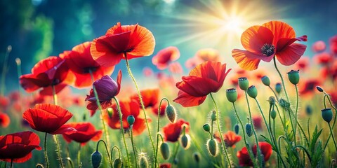 Obraz premium A field of red poppies bathed in the golden glow of the sun, their delicate petals unfurling in the gentle breeze, creating a vibrant tapestry of color and life.