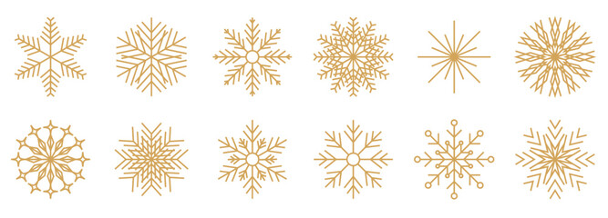 Snowflakes thin line icon. Christmas or New year winter snowfall symbol. Gold glitter collection. Editable stroke. Vector design elements