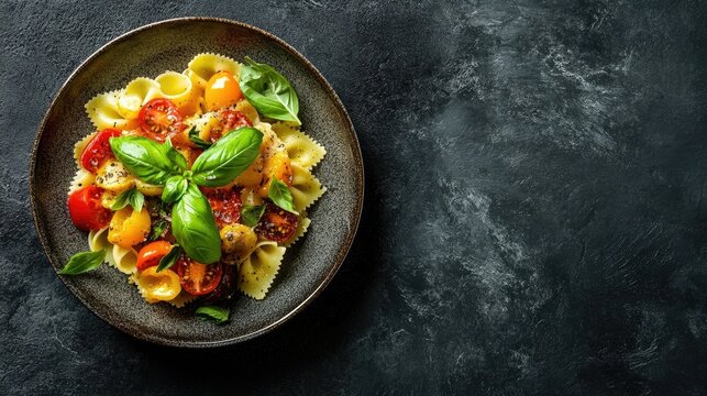 A tempting presentation of pasta with heirloom tomatoes and fresh basil leaves, beautifully arranged on a plate, highlighting the dish colorful ingredients against a dark slate background.