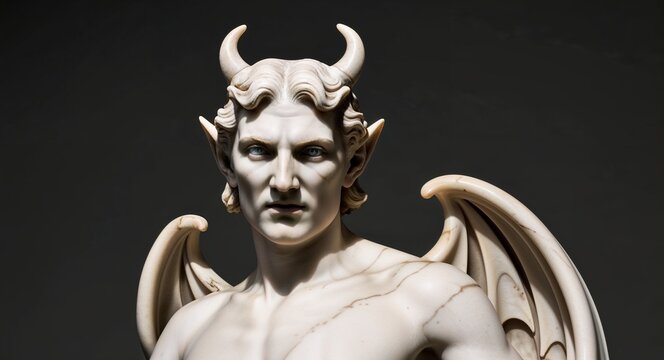 devil marble statue closeup on plain black background