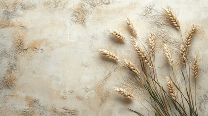 A bunch of wheat stalks on a beige marble background, with space for text.