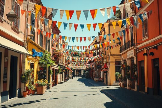 Festive flags over sunny European street