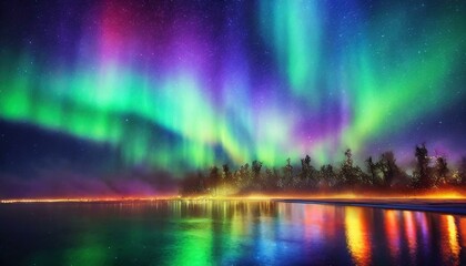 Naklejka premium Witness the enchanting Northern Lights dance over serene lakes, vibrant cities, and idyllic countryside, painting the night sky with mesmerizing hues of green, purple, and gold.