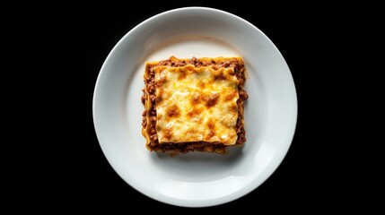 A top-down view of a hearty lasagna with minced beef and rich bolognese sauce, served on a white plate against a black background, emphasizing the comfort and indulgence of this classic Italian dish