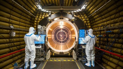 Obraz premium Futuristic control room with scientists in protective suits operating advanced machinery.