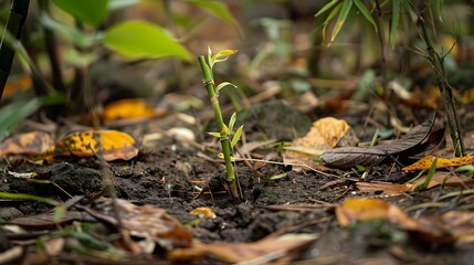 Young bamboo shoots emerging gracefully from the soil surrounded by fallen leaves and small plants creating a serene natural environment showcasing the delicate beauty of nature