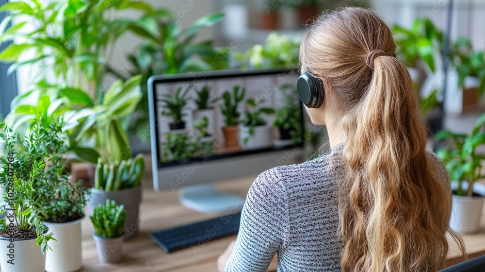 Poster work from home professional on a video call with a well-organized desk and plants stock photo with s