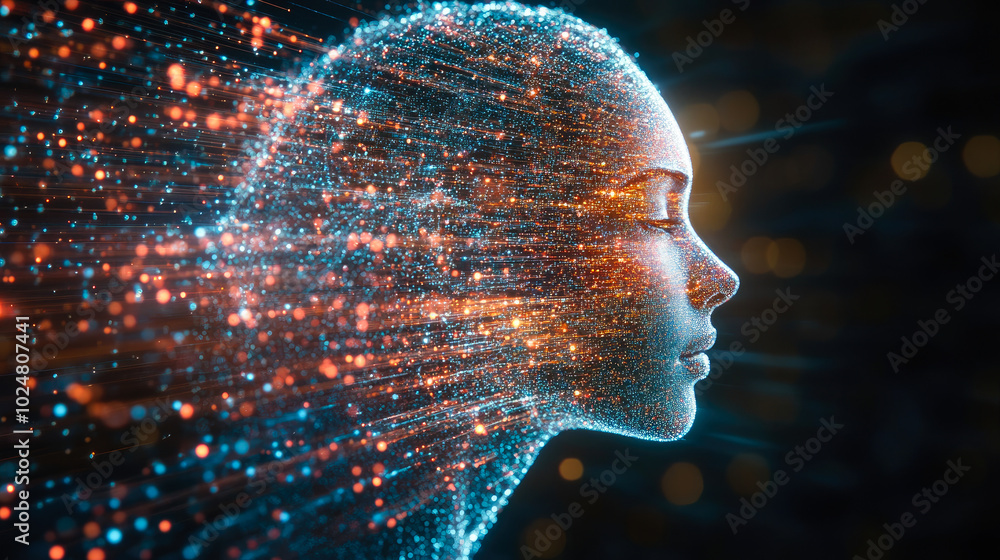 Poster a serene digital face dissolving into sparkling particles with cool hues, representing the transcend