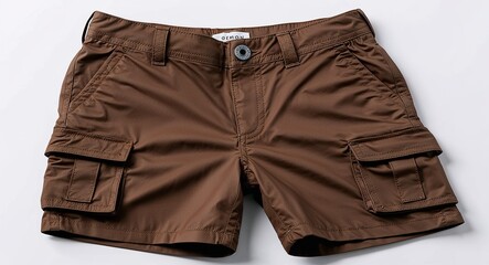 Extra small brown cargo shorts for kid boys with cargo pockets on plain white background