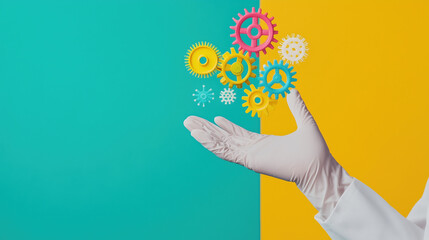 Colorful Gears Suspended in Air Held by Researcher's Gloved Hands on a Bright Minimalist Background Representing Scientific Exploration