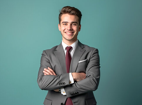 Handsome Young Businessman in Grey Suit with Arms Crossed, Professional Portrait