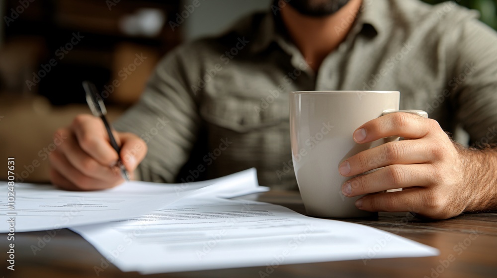 Aufkleber worker sitting at a minimalist desk with documents and a coffee mug stock photo with side copy space