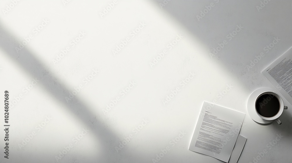 Poster worker sitting at a minimalist desk with documents and a coffee mug stock photo with side copy space