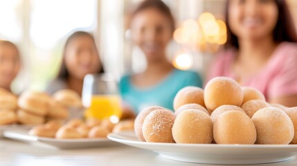 Close-up of sugary Brazilian cheese breads on a plate with blurred group in background