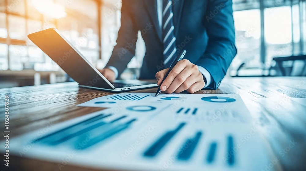 Poster Person working on a creative project using a digital tablet and laptop at a sleek office desk Stock Photo with side copy space