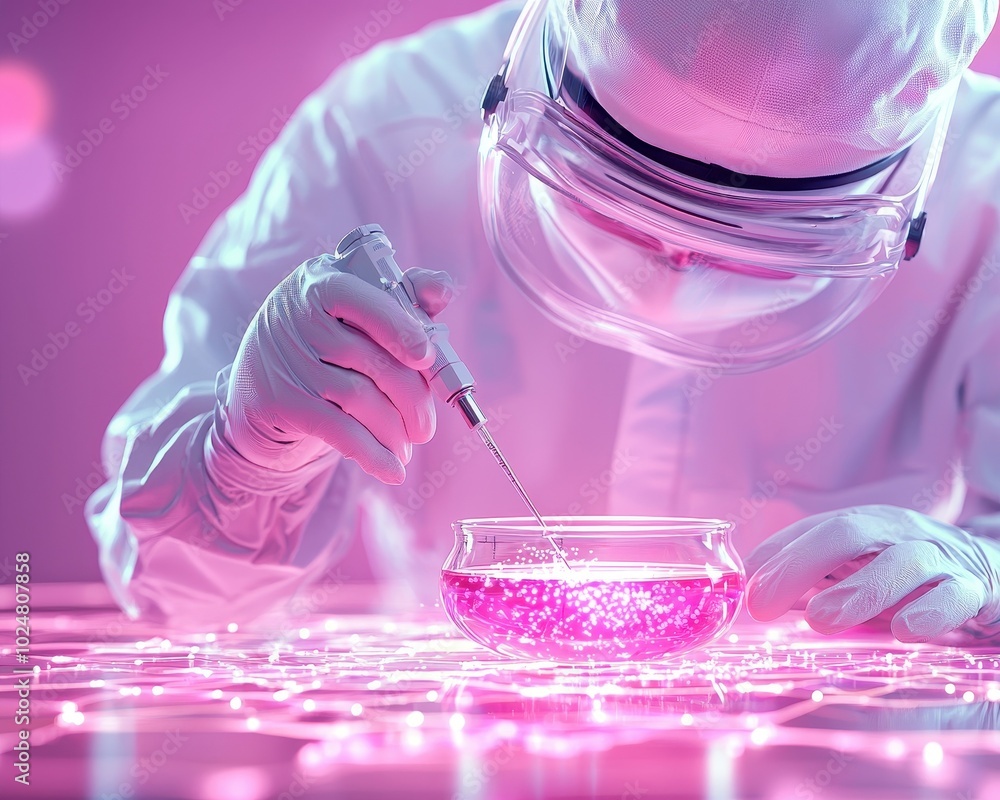 Poster scientist conducting experiments in a lab with pink lighting and glowing substances.