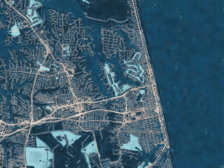 Painterly Style City Map of Virginia Beach Virginia, USA in a Blue Color Scheme.