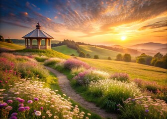 Fototapeta premium Architectural Photography of an Enchanting Meadow at Dusk with Serene Hues