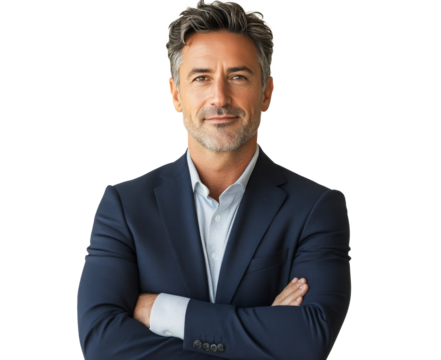 A man in a navy suit and light shirt stands with arms crossed, exuding confidence