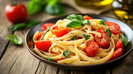 A vibrant plate of delicious pasta tossed with ripe tomatoes and fresh basil, drizzled with olive oil, beautifully styled on a rustic wooden table, inviting the viewer to enjoy its colorful appeal.