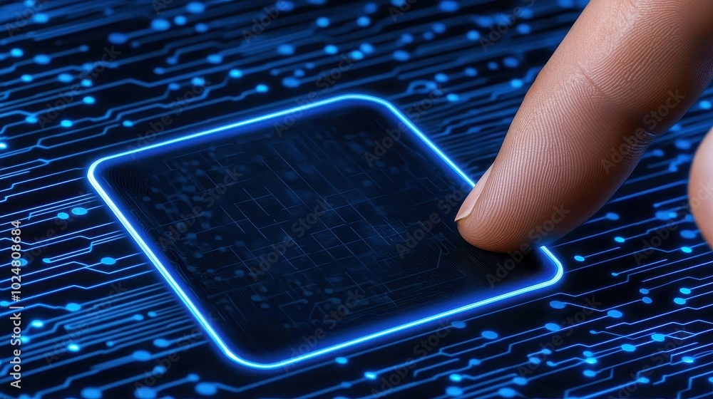 Poster a close-up of a finger touching a glowing blue digital interface, emphasizing human interaction with