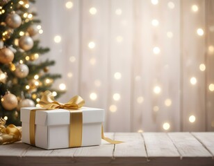 A small white gift box with a gold ribbon on a wooden table in front of a blurred Christmas tree with twinkling lights in the background.