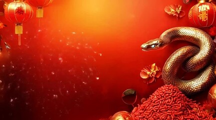 Festive Snake Decoration with Fireworks, Lanterns for Red lunar new year Celebration