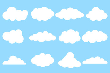 Set of cartoon cloud.Collection of white cloud illustrations.Cloudy vector cartoon illustration in blue color.