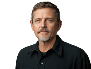 Portrait of a mature man with a beard wearing a black shirt against a neutral background