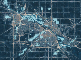 Painterly Style City Map of Waterloo Iowa, USA in a Blue Color Scheme.