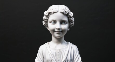 happy girl marble statue closeup on plain black background