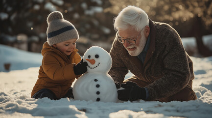 Handsome white-haired grandfather and cute little boy making a snowman on a sunny winter day.