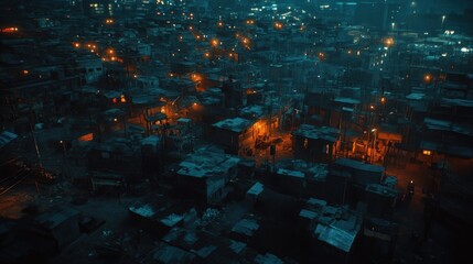 An aerial view of a densely populated urban area at night, illuminated by streetlights.